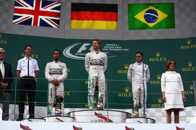Austrian Grand Prix, Red Bull Ring 18 - 21 June 2015 21.06.2015- Podium, winner Nico Rosberg (GER) Mercedes AMG F1 W06, 2nd Lewis Hamilton (GBR) Mercedes AMG F1 W06 , 3rd Felipe Massa (BRA) Williams F1 Team FW37 