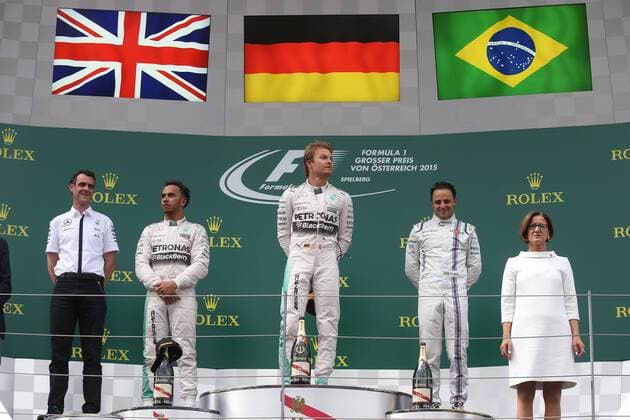 Motorsports: FIA Formula One World Championship WM Weltmeisterschaft 2015, Grand Prix of Austria, 44 Lewis Hamilton (GBR, Mercedes AMG Petronas Formula One Team), 6 Nico Rosberg (GER, Mercedes AMG Petronas Formula One Team), 19 Felipe Massa (BRA, Williams Martini Racing), xHOCHxZWEIx