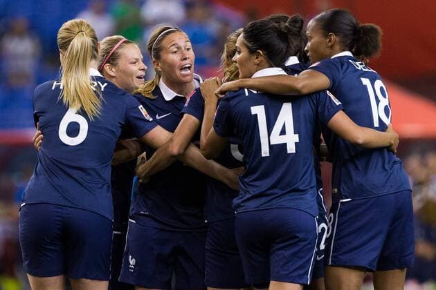 June 21, 2015 : France forward Marie Laure Delie 18 celebrates a goal with teammates during the 2015 FIFA Women s World Cup Round of 16 match between France and Korea at the Olympic Stadium in Montreal, Quebec, Canada. SOCCER: JUN 21 FIFA Women s World Cup - Round of 16 - France v Korea Icon15062102 EDITORIAL USE ONLY