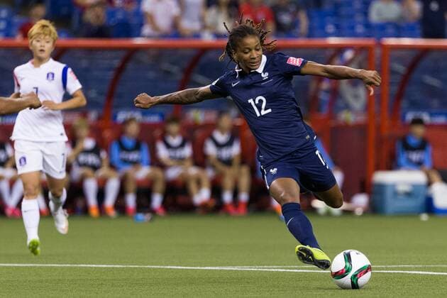 June 21, 2015 : France midfielder Elodie Thomis 12 takes a shot during the 2015 FIFA Women s World Cup Round of 16 match between France and Korea at the Olympic Stadium in Montreal, Quebec, Canada. SOCCER: JUN 21 FIFA Women s World Cup - Round of 16 - France v Korea Icon15062108 EDITORIAL USE ONLY