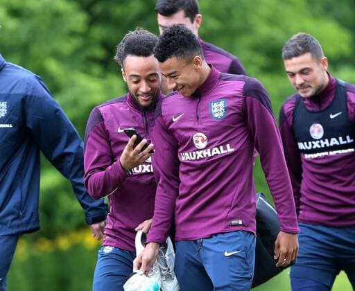 England s Nathan Redmond and Jesse Lingard share a joke during training England Training Session- UEFA Under 21 s - Legionarska Training Ground - Czech Republic - 22nd June 2015 - Picture David Klein Sportimage EDITORIAL USE ONLY. No use with unauthorised audio, video, data, fixture lists, club league logos or live services. Online in-match use limited to 120 images, no video emulation. No use in betting, games or single club league player publications.