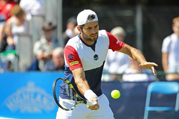 24.06.2015. Nottingham, England. Aegon Nottingham Open Tennis Tournament. Forehand volley from Simone Bolelli (Italy) on his way to victory over Adrian Mannarino (France) xDavidxKissmanx  ActionPlus11634777