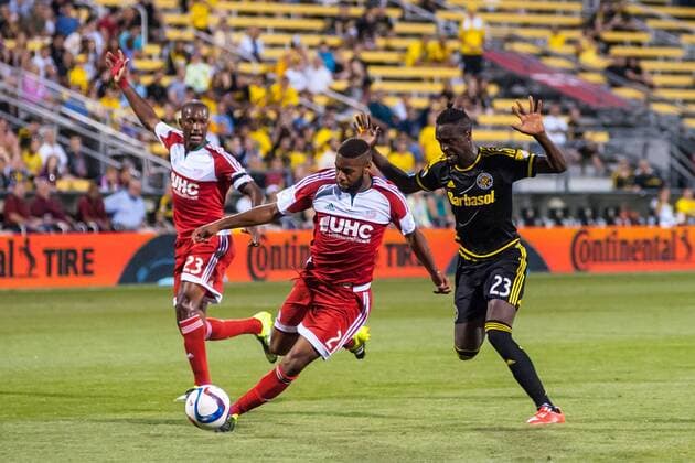 Columbus Crew SC forward Kei Kamara (23) lets up on New England Revolution defender Andrew Farrell (2) during the second half of the match between New England Revolution and Columbus Crew SC at MAPFRE Stadium, in Columbus OH. on June 24, 2015. .End of Match: Columbus Crew SC 2 - New England Revolution 1...Photo Credit: Dorn Byg CSM MLS Fussball Herren USA 2015: New England Revolution vs Columbus Crew SC JUN 24 - ZUMAc04_