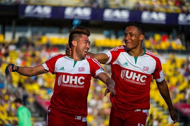 New England Revolution midfielder forward Lee Nguyen (24) celebrating his goal in the first minute of the match between New England Revolution and Columbus Crew SC at MAPFRE Stadium, in Columbus OH. on June 24, 2015. ..Half time score: Columbus Crew SC 1 - New England Revolution 1 ..Photo Credit: Dorn Byg CSM MLS Fussball Herren USA 2015: New England Revolution vs Columbus Crew SC JUN 24 - ZUMAc04_