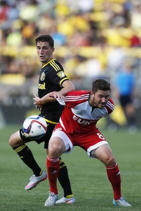 June 24, 2015 - Columbus, OH, USA - The New England Revolution s Chris Tierney, right, tries to shield the Columbus Crew s Ethan Finlay from the ball during the first half at Mapfre Stadium in Columbus, Ohio, on Wednesday, June 24, 2015. New England at Columbus - ZUMAm67_