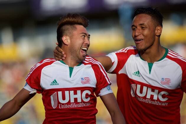 June 24, 2015 - Columbus, Ohio, U.S - New England Revolution midfielder Lee Nguyen (24) celebrates with New England Revolution forward Juan Agudelo (17) after scoring early in the first half in the match between New England Revolution and Columbus Crew SC at Mapfre Stadium, Columbus, Ohio. MLS Fussball Herren USA 2015 - June 24 - New England at Columbus - ZUMAs304