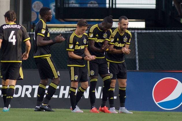 June 24, 2015 - Columbus, Ohio, U.S - Columbus Crew SC midfielder Ethan Finlay (13), Crew SC forward Kei Kamara (23) and Crew SC forward Justin Meram (9) celebrate Kamara s goal in the first half in the match between New England Revolution and Columbus Crew SC at Mapfre Stadium, Columbus, Ohio. MLS Fussball Herren USA 2015 - June 24 - New England at Columbus - ZUMAs304