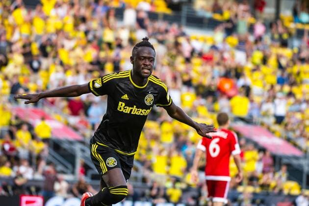 Columbus Crew SC forward Kei Kamara (23) flying after his goal in the second half of the match between New England Revolution and Columbus Crew SC at MAPFRE Stadium, in Columbus OH. on June 24, 2015. ..End of Match: Columbus Crew SC 2 - New England Revolution 1...Photo Credit: Dorn Byg CSM MLS Fussball Herren USA 2015: New England Revolution vs Columbus Crew SC JUN 24 - ZUMAc04_