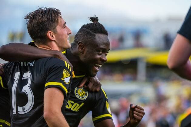 Columbus Crew SC forward Kei Kamara (23) and Columbus Crew SC midfielder Ethan Finlay (13) celebrate Kei Kamara s goal during the match between New England Revolution and Columbus Crew SC at MAPFRE Stadium, in Columbus OH. on June 24, 2015. .End of Match: Columbus Crew SC 2 - New England Revolution 1...Photo Credit: Dorn Byg CSM MLS Fussball Herren USA 2015: New England Revolution vs Columbus Crew SC JUN 24 - ZUMAc04_
