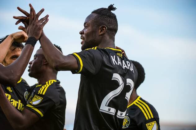 Columbus Crew SC forward Kei Kamara (23) celebrating his 2nd goal during the match between New England Revolution and Columbus Crew SC at MAPFRE Stadium, in Columbus OH. on June 24, 2015. ..End of Match: Columbus Crew SC 2 - New England Revolution 1...Photo Credit: Dorn Byg CSM MLS Fussball Herren USA 2015: New England Revolution vs Columbus Crew SC JUN 24 - ZUMAc04_