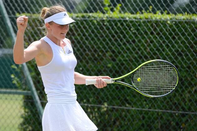 June 25, 2015 - Roehampton, England - ALIAKSANANDRA SASNOVICH of Belarus celebrates match point in her match v. S. Zhang in the Wimbledon Qualifying Tournament in Roehampton England on Thursday June 25 2015 Tennis 2015 - Wimbledon Qualifying Tournament - Day 4 - ZUMAl132