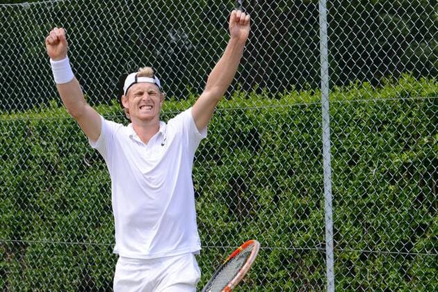 June 25, 2015 - Roehampton, England - LUKE SAVILLE of Australia celebrates match point in his match v. L. Vanni n the Wimbledon Qualifying Tournament in Roehampton England on Thursday June 25 2015 Tennis 2015 - Wimbledon Qualifying Tournament - Day 4 - ZUMAl132