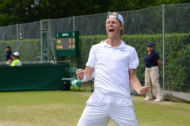 June 25, 2015 - Roehampton, England - LUKE SAVILLE of Australia celebrates match point in his match v. L. Vanni in the Wimbledon Qualifying Tournament. Australia is set for their biggest contingent in 20 years with 16 players in the main draws at the All England Club. Tennis 2015 - Wimbledon - Qualifying - ZUMAl132