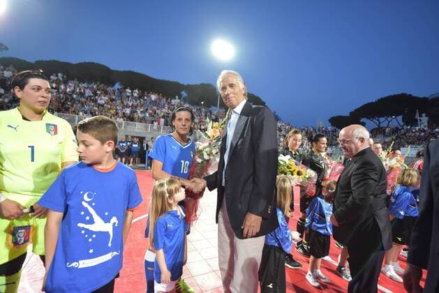 June 25, 2015 - Rome, Italy - Italian FA president Carlo Tavecchio (R) and CONI president Giovanni MalagÃƒÂ² before the Italian women s futsal team s first ever match, an International Friendly Länderspiel against Hungary at Stadio Pietrangeli in Rome, Italy on June 25, 2015 Women s Futsal national team Nationalteam  - ZUMAn230