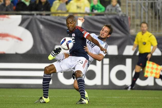 June 27, 2015 - Foxborough, Massachusetts, U.S. - Vancouver FC forward Octavio Rivero (29) plays the ball around New England Revolution defender Jose Goncalves (23) to during the MLS Fussball Herren USA game between Vancouver Whitecaps and the New England Revolution held at Gillette Stadium in Foxborough Massachusetts. Vancouver defeated New England 2-1. Eric Canha CSM MLS 2015: Whitecaps vs Revolution JUN 27 - ZUMAc04_