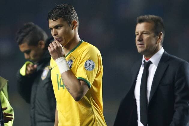 Football , Brazil v Paraguay. Copa America Championship 2015 . Brazil s player, Thiago Silva, center, reacts losing against Paraguay after the 2015 Copa America football championship quarterfinal match at the Ester Roa stadium in Concepcion, Chile. 27 06 2015 Andres Pina Photosport Brasil v Paraguay, Copa America 2015. 