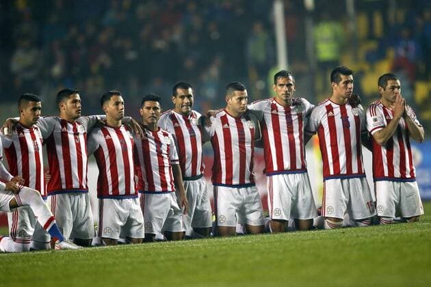 Football , Brazil v Paraguay. Copa America Championship 2015 . Paraguay s players gather during the penalties session of the 2015 Copa America football championship quarterfinal match against Brazil at the Ester Roa stadium in Concepcion, Chile. 27 06 2015 Andres Pina Photosport Brasil v Paraguay, Copa America 2015. 