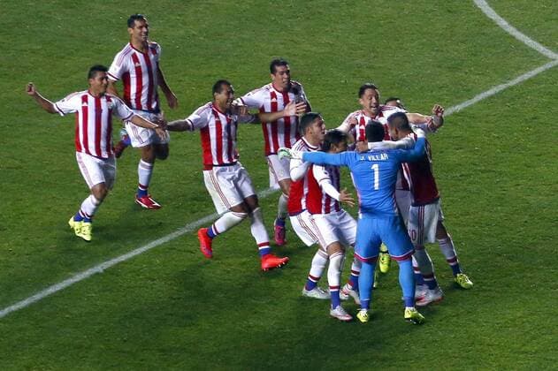 Football , Brazil v Paraguay. Copa America Championship 2015 . Paraguay players, celebrate their triumph against Brazil during the 2015 Copa America football championship quarterfinal match at the Ester Roa stadium in Concepcion, Chile. 27 06 2015 Adrian Aylwin Photosport Brasil v Paraguay, Copa America 2015. 