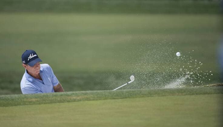 June 27, 2015 - Sacramento, California, USA - Tom Watson hits his second shot from a bunker on the 17th hole during round three of the 2015 U.S. Senior Open at Del Paso Country Club on Saturday, June 27, 2015 in Sacramento, Calif. Golf 2015 - U.S. Senior Open - ZUMAs76_