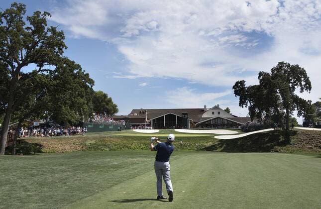 June 27, 2015 - Sacramento, California, USA - Jeff Maggert hits from the fairway after laying up on the par 4 18th during round three of the 2015 U.S. Senior Open at Del Paso Country Club on Saturday, June 27, 2015 in Sacramento, Calif. Maggert finished tied with Bernhard Langer at 5-under par for the tournament. Golf 2015 - U.S. Senior Open - ZUMAs76_