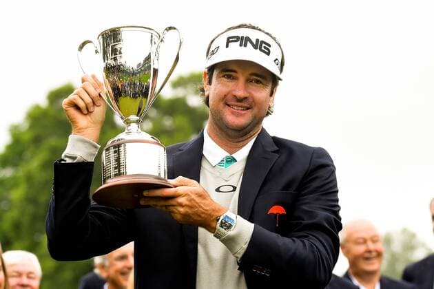 June 28, 2015 - Cromwell, Connecticut , U.S. - Bubba Watson hoists the championship trophy after winning the PGA Golf Herren Travelers Championship tournament held at TPC River Highland in Cromwell Connecticut. Bubba Watson and Paul Casey ended their rounds tied for the championship and played two tie-breaker rounds before Watson finally defeated Casey in the second tie-breaker. Eric Canha CSM PGA 2015: Travelers Championship JUN 28 - ZUMAc04_