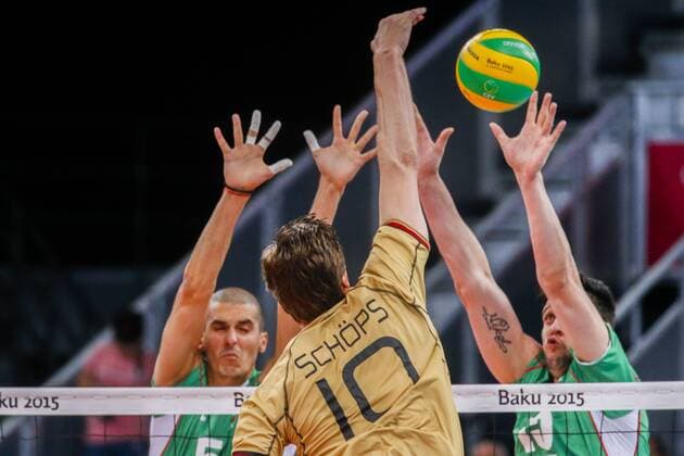 June 28, 2015 - Baku, Azerbaijan - Svetoslav GOTSEV (5) and Todor ALEKSIEV (15) of Bulgaria are jumping on the net on the hit of Jochen Schops (10) of Germany in the match Germany - Bulgaria during the final for gold at Baku 2015 European Games at the Crystal Hall on June 28, 2015 in Baku, Azerbaijan. Baku 2015: Volleyball - Men s Volleyball final  - ZUMAn230