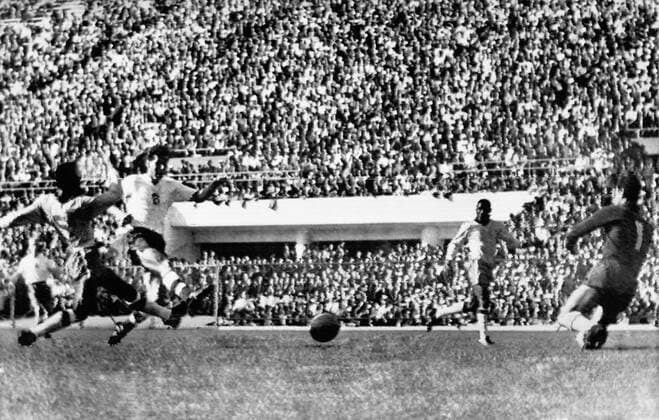FILE PHOTO Josef Masopust of Czechoslovakia scores the only goal as he is chased by Zozimo, left, during World Championship WM Weltmeisterschaft 1962 final match in Santiago de Chile, Chile, on June 17, 1962. At right is Brazilian gialie Gilmar and D. Santos. CTK Photo CTKPhotoFO00221806 