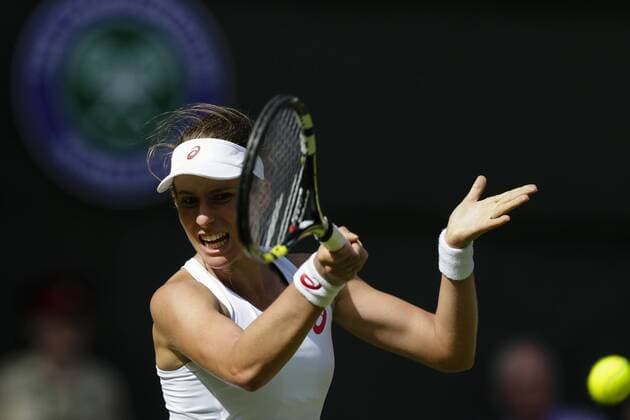 29.06.2015. Wimbledon, England. The Wimbledon Tennis Championships. Ladies& x2019; Singles first round match between fourth seed Maria Sharapova (RUS) &amp; Johanna Konta (GBR). Johanna Konta in action xCraigxMercerx  ActionPlus11636210