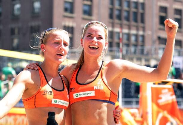 Van der Vlist (R) and Van Gestel (L) celebrates victory during the FIVB Beach volleyball Beachvolleyball World Championships female match between Thailand vs Netherlands at pool B on June 30, 2015 in Amsterdam, Netherlands. Imago Paulo Amorim