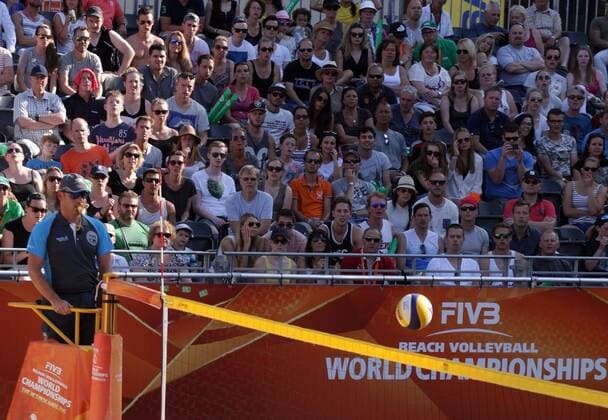 Referee Chapalampos Papadogoulos looking the ball during the FIVB Beach volleyball Beachvolleyball World Championships male match between Brazil vs Spain at pool on June 30, 2015 in Amsterdam, Netherlands. Imago Paulo Amorim