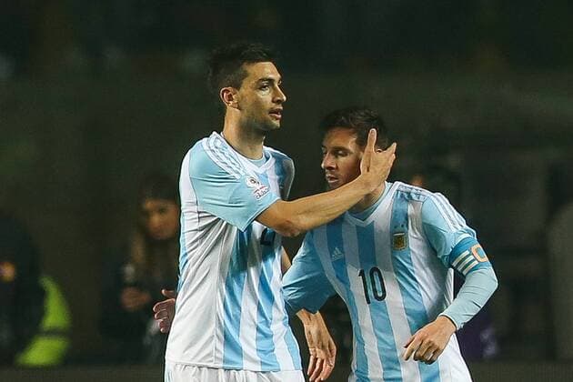 Lionel Messi Javier Pastore celebrates goal during the match between Argentina vs Paraguay, valid for the semifinals of the Copa America 2015 held at the Estadio Municipal de Concepcion.  CarlosxEzequielxVannoni