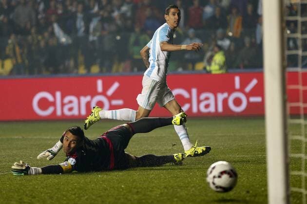 30 06 2015 Andres Pina Photosport Football , Argentina v Paraguay. Copa America Championship 2015 . Argentina s player Angel Di Maria, center, scores against Paraguay during the 2015 Copa America football championship semifinal match at the Ester Roa stadium in Concepcion . 30 06 2015 Andres Pina Photosport Argentina v Paraguay, semifinal Copa America 2015. 
