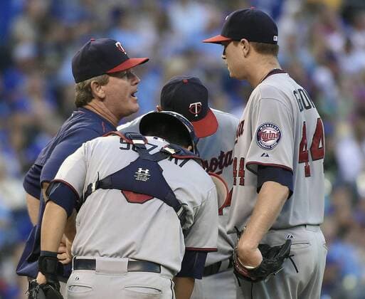 July 2, 2015 - Kansas City, MO, USA - Minnesota Twins pitching coach Neil Allen makes a visit to the mound to talk with starting pitcher Kyle Gibson (44) in the fourth inning against the Kansas City Royals on Thursday, July 2, 2015, at Kauffman Stadium in Kansas City, Mo. Minnesota at Kansas City - ZUMAm67_