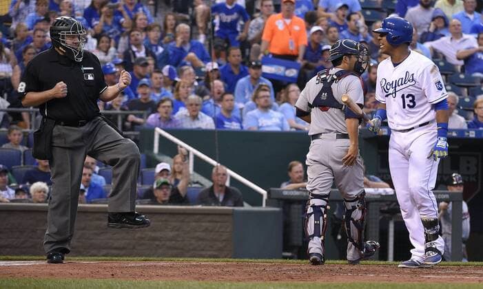 July 2, 2015 - Kansas City, MO, USA - Home plate umpire Gary Cederstrom calls the Kansas City Royals Salvador Perez (13) out looking at strike three as Minnesota Twins catcher Kurt Suzuki heads for the dugout at the end of the fourth inning on Thursday, July 2, 2015, at Kauffman Stadium in Kansas City, Mo. Minnesota at Kansas City - ZUMAm67_