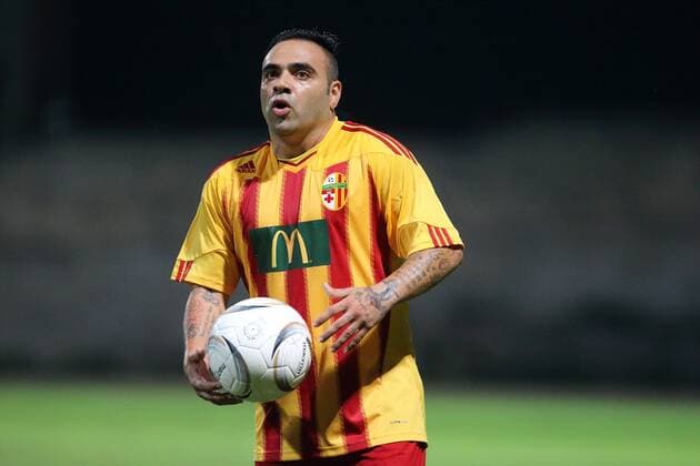 UEFA Europa League 2015 2016 First Qualifying Round, First Leg Hibernians Stadium, Paola - 02 07 2015 Birkirkara FC (Malta) v Ulisses FC (Armenia) Former Italy national player Fabrizio Miccoli of Birkirkara FC (centre) during their first leg match against Ulisses FC at the Hibernians Stadium in Paola, Malta. The match finished 0-0. UEFA Europa League 2015 2016 First Qualifying Round, First Leg UEL_2015 2016