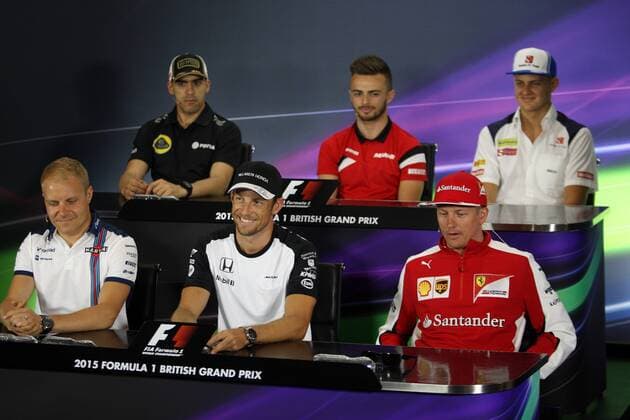 British Grand Prix, Silverstone 2 - 5 July 2015 02.07.2015 - press conference PK Pressekonferenz (L-R) Pastor Maldonado (VEN) Lotus F1 Team E23, William Stevens (GBR) Manor Marussia F1 Team, Marcus Ericsson (SUE) Sauber C34, Valtteri Bottas (FIN) Williams F1 Team FW37, Jenson Button (GBR) McLaren Honda MP4-30. and Kimi Raikkonen (FIN) Scuderia Ferrari SF15-T 