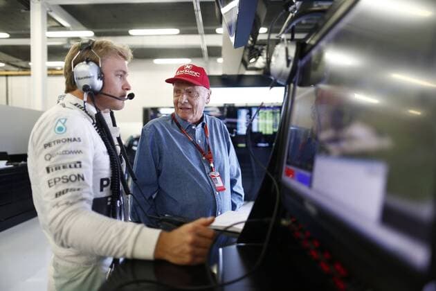 Motorsports: FIA Formula One World Championship WM Weltmeisterschaft 2015, Grand Prix of Great Britain, 6 Nico Rosberg (GER, Mercedes AMG Petronas Formula One Team), Niki Lauda (AUT, Mercedes AMG Petronas F1 Team), xHOCHxZWEIx
