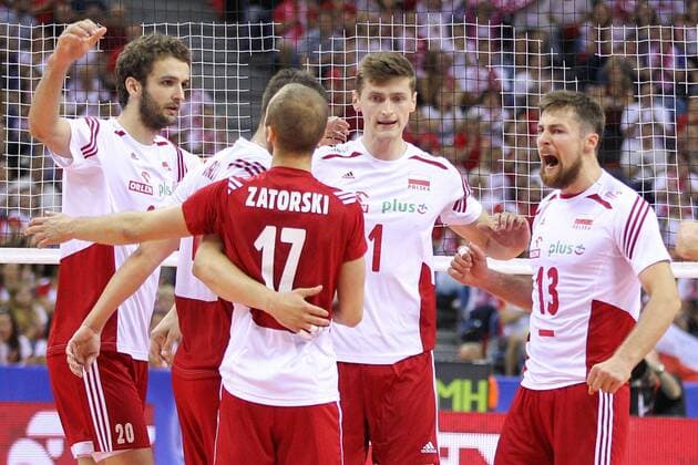 03.07.2015 KRAKOW 2015 FIVB VOLLEYBALL WORLD LEAGUE 2015 POLAND - USA: MICHAL KUBIAK PIOTR NOWAKOWSKI MATEUSZ MIKA celebration  20150703FNMG078