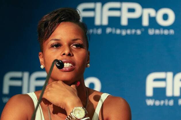 Karina LeBlanc (Torfrau, Kanada, FIFPro Mitglied), auf der Pressekonferenz der Gewerkschaft FIFPro World Players Union, Porträt, Portrait, Fussball, FIFA Frauen-WM 2015, Pressekonferenz, xozx