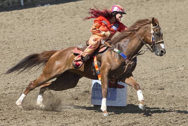 Calgary, Alberta; Canada--- Cowgirl Fallon Taylor (from Collinsville, Texas) competes in the Barrel Racing event during the rodeo at Calgary Stampede. digital photo by Larry MacDougal