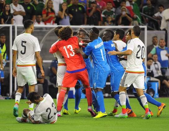 July 1st, 2015 - A fight between the two teams breaks out during the 2015 Mexican national team Nationalteam United States Tour, Mexico vs Honduras at NRG Stadium in Houston, Texas. SOCCER: JUL 01 Mexico v Honduras Icon15070121 EDITORIAL USE ONLY