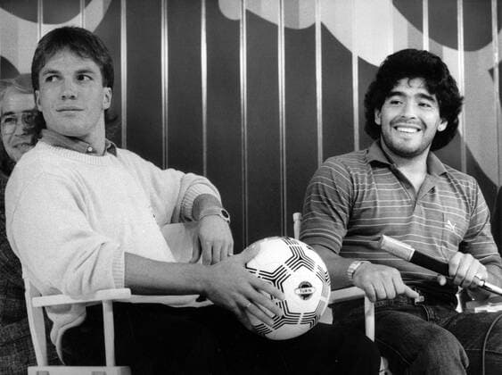 ISPO München 1986: Lothar Matthäus (BR Deutschland FC Bayern München) und Diego Armando Maradona (Argentinien SSC Neapel)