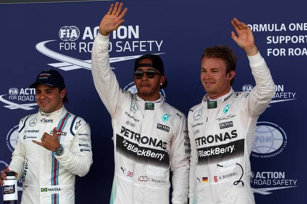 British Grand Prix, Silverstone 2 - 5 July 2015 04.07.2015 - Qualifying, Lewis Hamilton (GBR) Mercedes AMG F1 W06 pole position, 2nd position Nico Rosberg (GER) Mercedes AMG F1 W06 and 3rd position Felipe Massa (BRA) Williams F1 Team FW37 