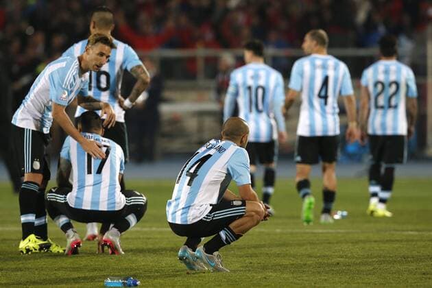 Football, Chile v Argentina. Copa America 2015 . Argentina s players reacts after losing against Chile during the match for finals of the 2015 Copa America at Nacional stadium. Santiago, Chile. 04 07 2015 Marcelo Hernandez Photosport Chile v Argentina, Copa America 2015. 