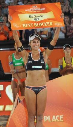 World Championships Beach volleyball Beachvolleyball 2015 The Netherlands World Championships Beach Volleyball 2015 The Hague The Netherlands 4th July 2015 In the womens finals the battle for third place is won by Brazilians Juliana Da Silva and Maria Antonelli who closely beat German duo Katrin Holtwick and Ilke Semmler. Ilke Semmler wins the prize for the best blocker. 