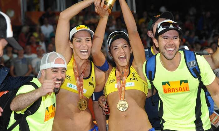 World Championships Beach volleyball Beachvolleyball 2015 The Netherlands World Championships Beach Volleyball 2015 The Hague The Netherlands 4th July 2015 The final of the womens competition is an all Brazilian affair with Agatha Bednarczuk and Barbara Seixas De Freitas beating compatriots Taiana Lima and Fernanda Alves. Agatha and Barbara enjoy their victory. 