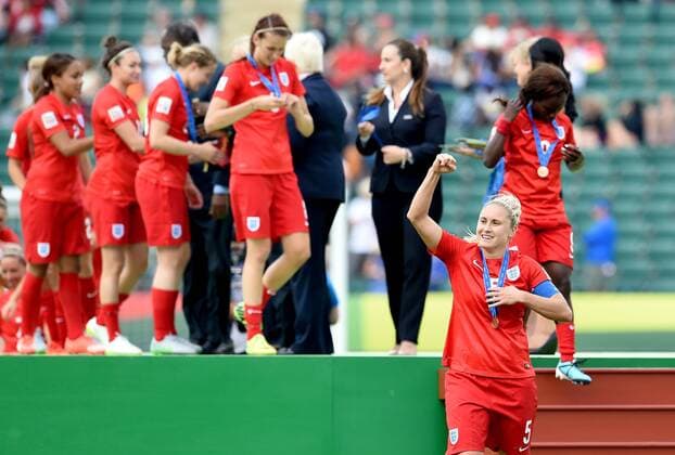 (150705) -- EDMONTON, July 4, 2015 -- Steph Houghton of England celebrates after the third place match of the FIFA 2015 Women s World Cup against Germany at Commonwealth Stadium, in Edmonton, Canada, on July 4, 2015. England defeated Germany 1-0 in extra time and won the third place of the FIFA 2015 Women s World Cup. ) (SP)CANADA-VANCOUVER-FIFA WOMEN S WORLD CUP-THIRD PLACE WangxYuguo 