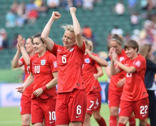 (150705) -- EDMONTON, July 4, 2015 -- Players of England celebrate after the third place match of the FIFA 2015 Women s World Cup against Germany at Commonwealth Stadium, in Edmonton, Canada, on July 4, 2015. England defeated Germany 1-0 in extra time and won the third place of the FIFA 2015 Women s World Cup. ) (SP)CANADA-VANCOUVER-FIFA WOMEN S WORLD CUP-THIRD PLACE WangxYuguo 