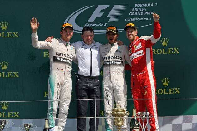 British Grand Prix, Silverstone 2 - 5 July 2015 05.07.2015- Race, 1st position Lewis Hamilton (GBR) Mercedes AMG F1 W06, 2nd position Nico Rosberg (GER) Mercedes AMG F1 W06 and 3rd position Sebastian Vettel (GER) Scuderia Ferrari SF15-T 