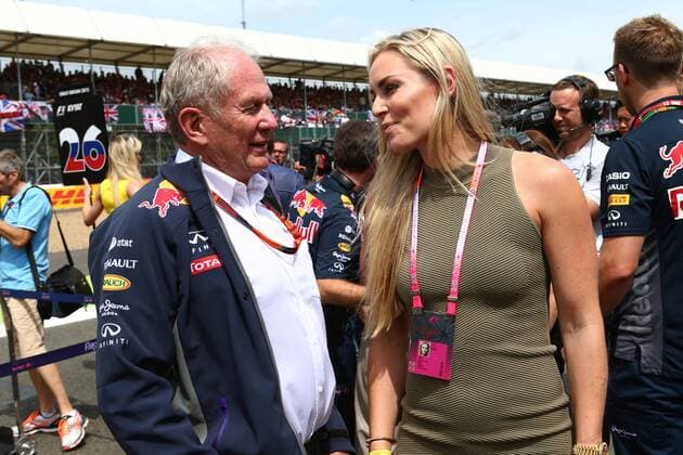 British Grand Prix, Silverstone 2 - 5 July 2015 05.07.2015- Race, Helmut Marko (AUT), Red Bull Racing, Red Bull Advisor and Lindsey Vonn (USA) Alpine Ski Racer 